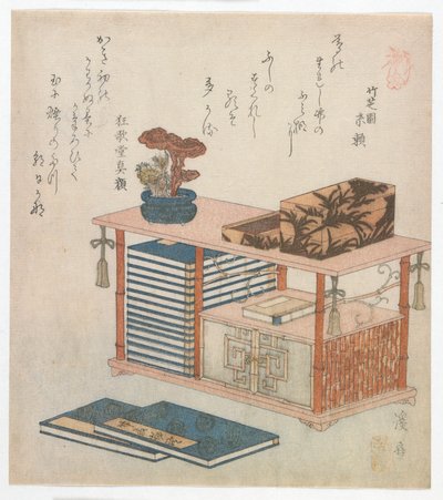 Surimono illustrating a book cabinet, Edo period, late 1810s or early 1820s by Keisai Eisen